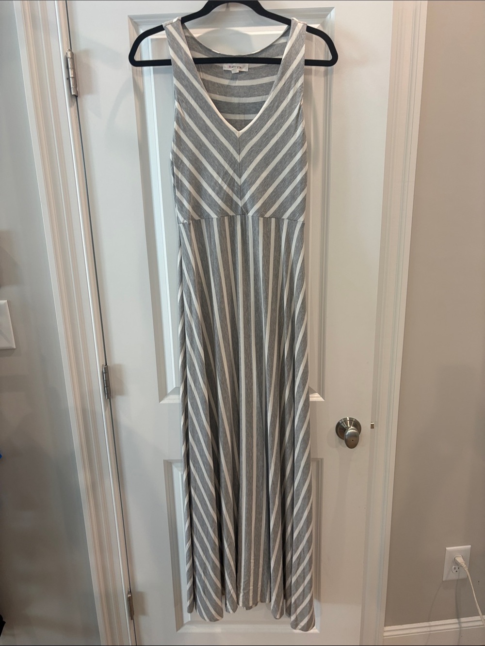 Athleta Gray and White Striped V-Neck Maxi Dress